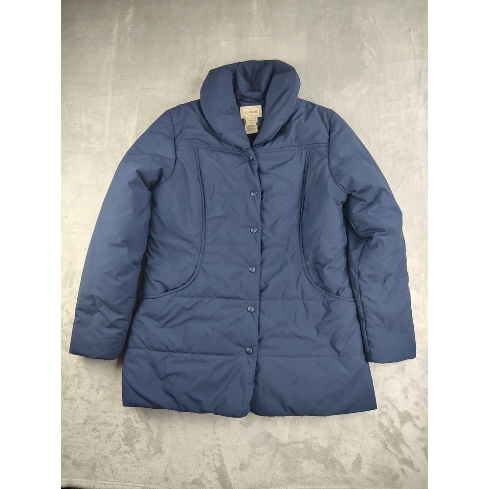 LL Bean Womens Navy Blue Puffer Coat Quilted Snap Front Collar Insulated Medium